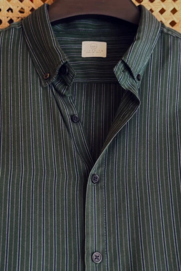 Deep Olive Green with White & Slate Blue Pinstripes