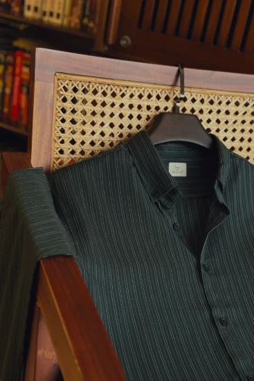 Deep Olive Green with White & Slate Blue Pinstripes
