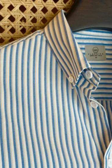 Sky Blue White & Beige Vertical Stripe Shirt