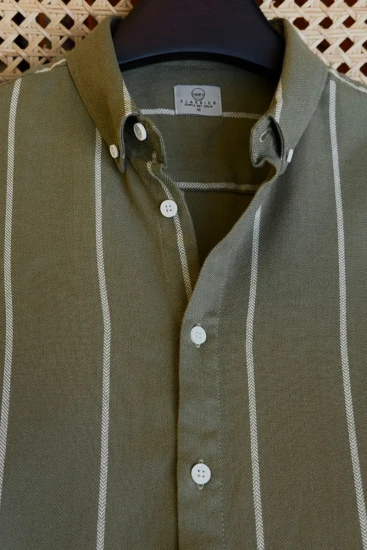 Olive Green With Off-White Vertical Stripes Shirt