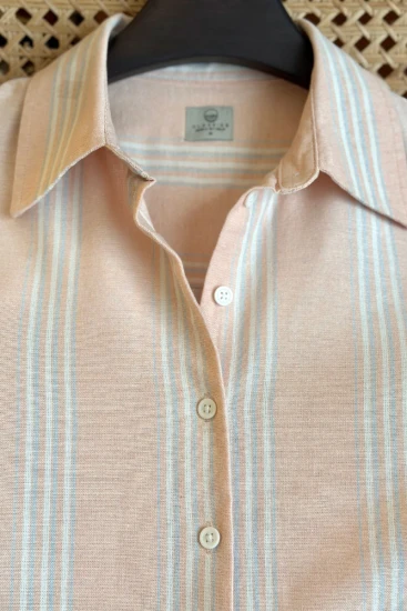 Soft Peach-Pink with Ice Blue Stripes