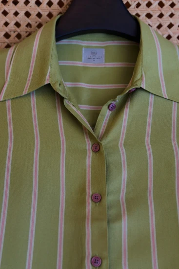 Female Olive Green with Pink & White Stripes Relax Fit Shirt